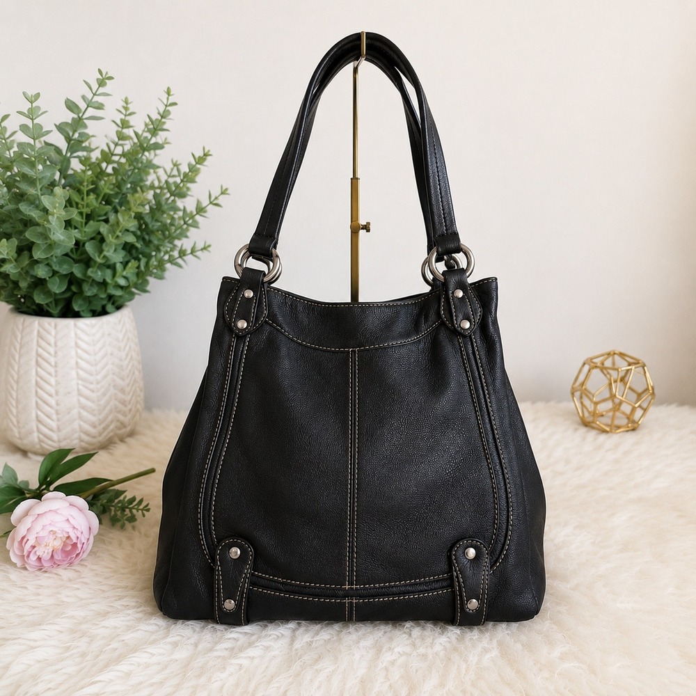 Sophia Caperelli Shoulder Bag Womens Black Pebbled Leather Contrast Stitch Tote‎